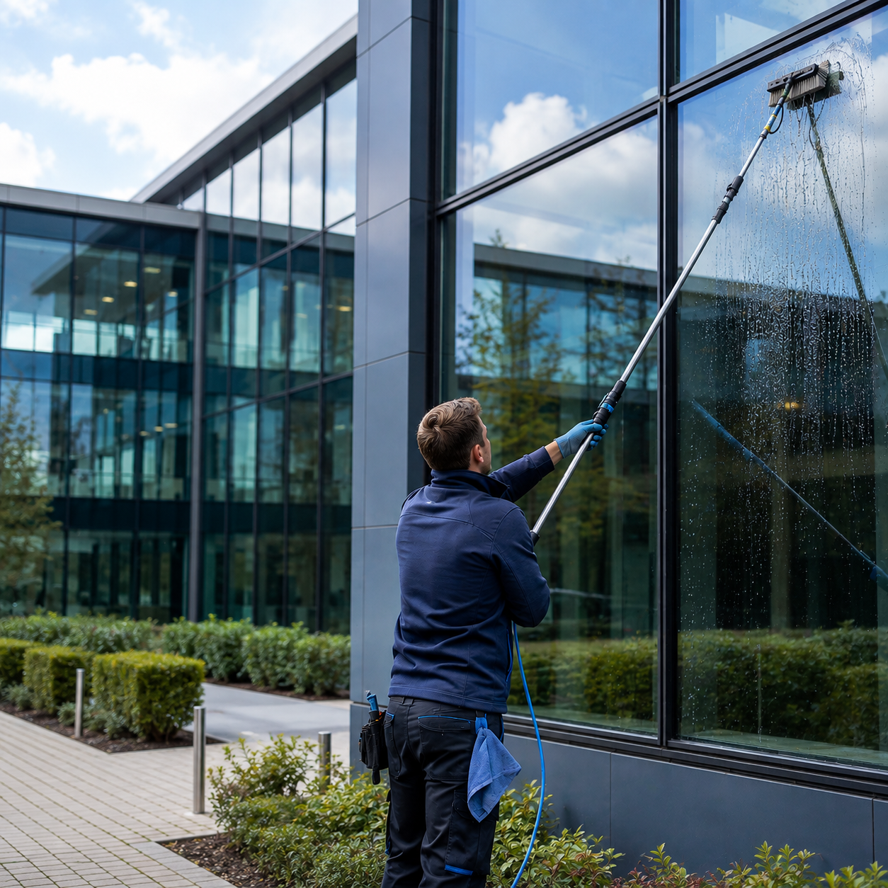 Professional window cleaner using a water-fed pole to clean large commercial glass windows